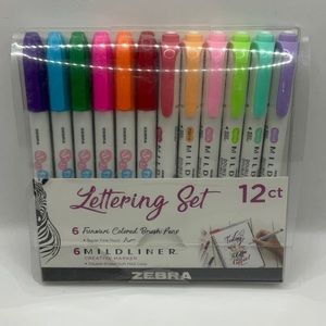 Zebra LETTERING SET of 12 pc.  Item #10012. 6 Mildliner/6 Brush Pens